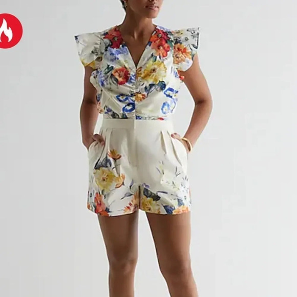 Express Floral V-Neck Flutter Sleeve Ruched Top Multi-Color For Women's Small - Picture 6 of 13